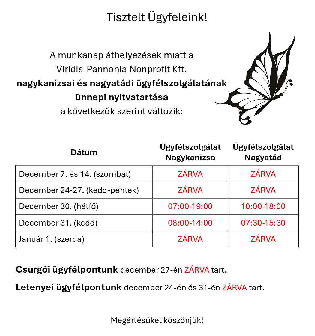 Kiemelő fotó - Viridis-Pannonia Kft. ügyfélszolgálatának ünnepi nyitvatartása