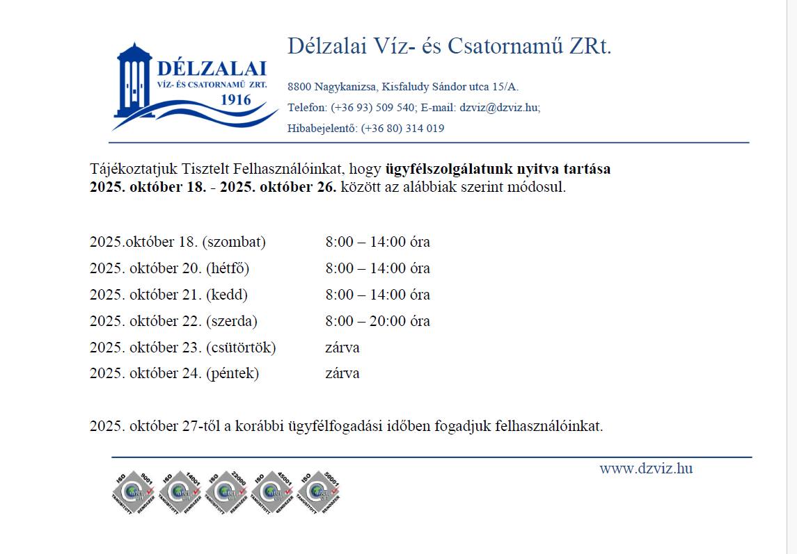 Kiemelő fotó - Október 18-26. között változik a Vízmû ügyfélszolgálatának nyitva tartása