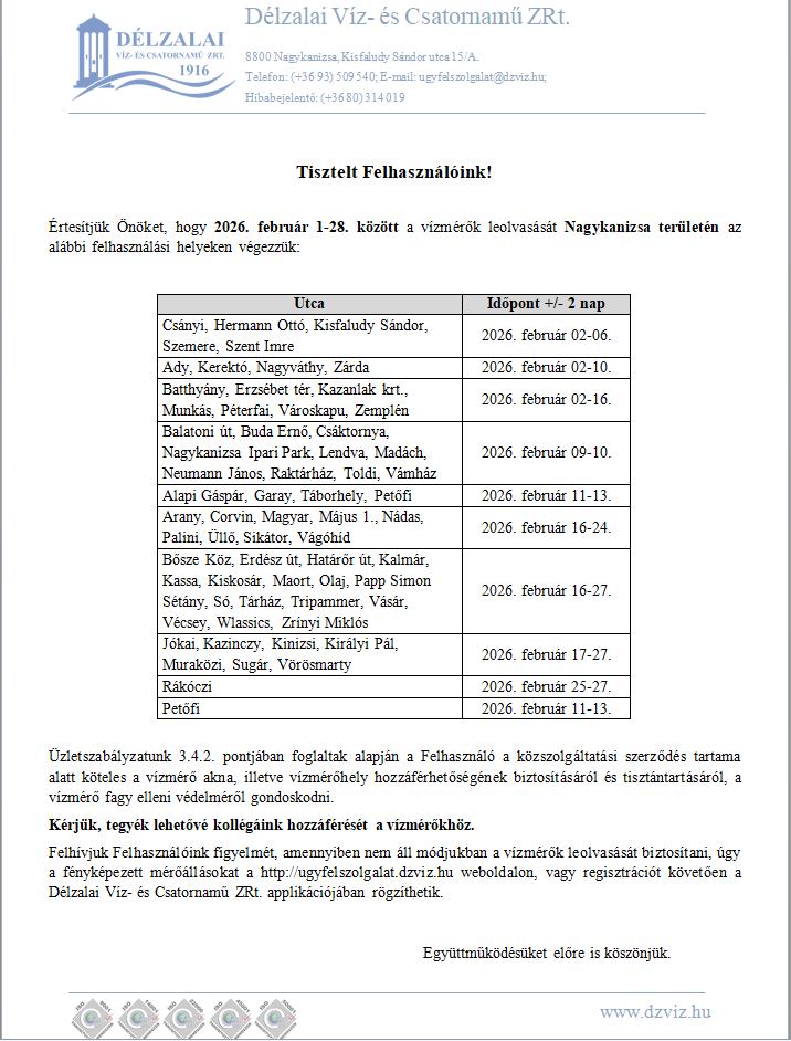 Kiemelő fotó - A Vízmû tájékoztatása a vízórák leolvasásáról
