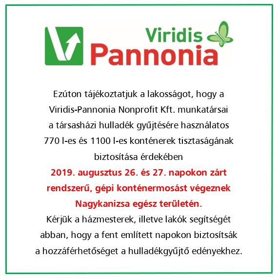 Tartalom - Tájékoztatás zárt rendszerû, gépi konténermosás idõpontjairól