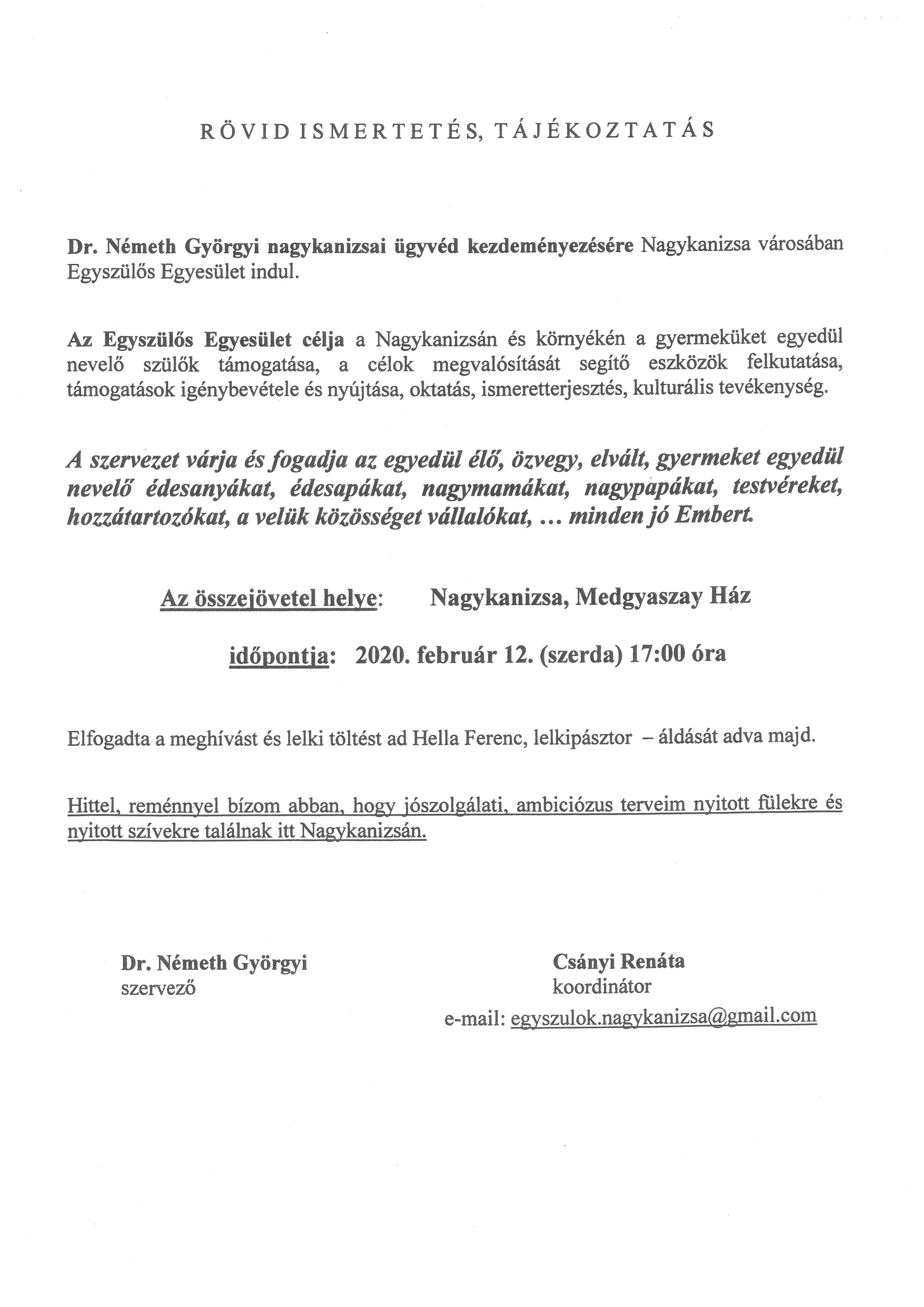 Tartalom - Meghívó - Egyszülõs Egyesület nyitó összejövetelére