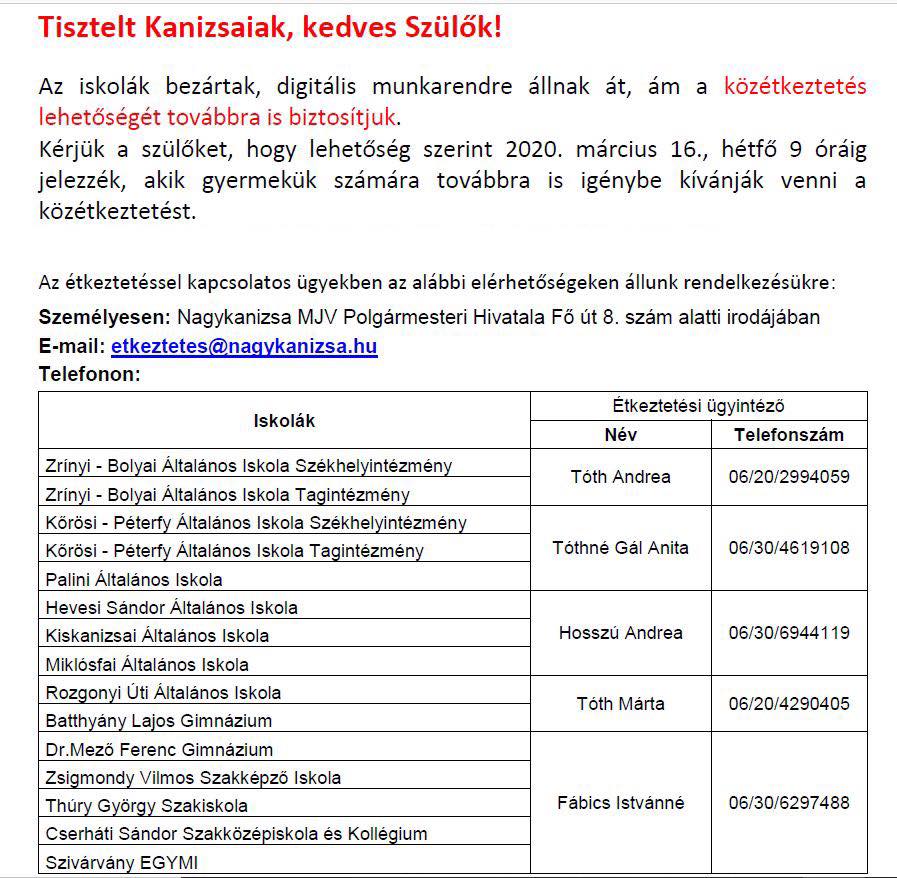 Tartalom - Felhívás a közétkeztetéssel kapcsolatban az iskolai digitális munkarend idejére 2020.03.14.