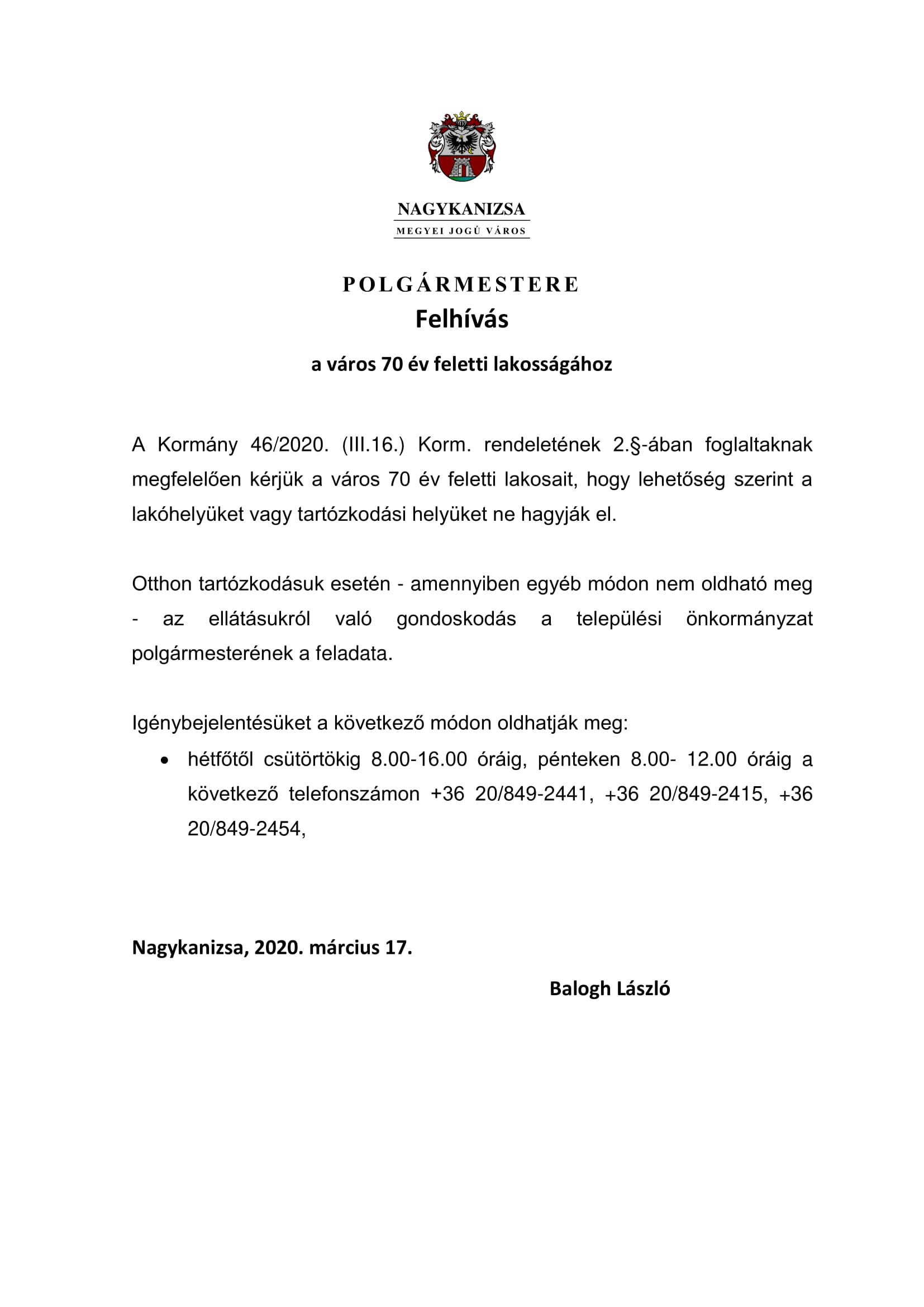 Tartalom - Felhívás a város 70 év feletti lakosságához