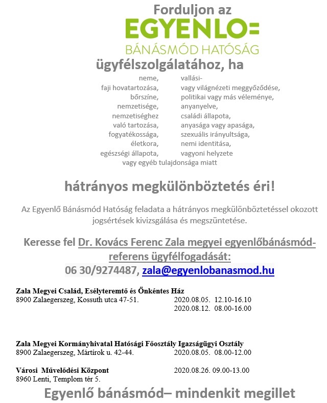 Tartalom - Az Egyenlõ Bánásmód Hatóság augusztusi ügyfélfogadási ideje