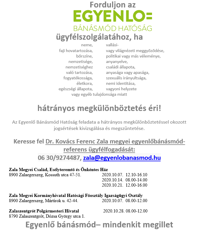 Tartalom - Az Egyenlõ Bánásmód Hatóság októberi ügyfélfogadási ideje