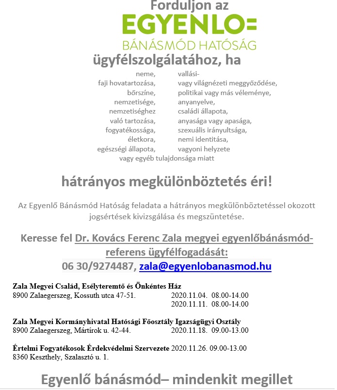 Tartalom - Az Egyenlõ Bánásmód Hatóság novemberi ügyfélfogadási ideje